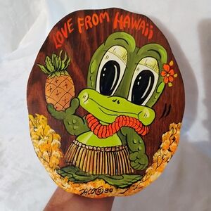 Vintage Hand Painted Hawaiian Frog Oval Wood Plaque Love From Hawaii 80's Hula K